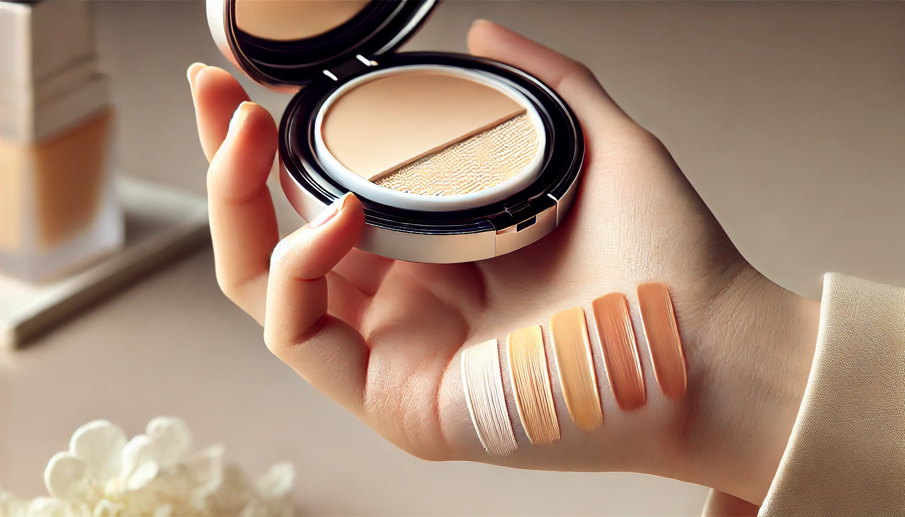 A-close-up-shot-showing-the-process-of-choosing-the-perfect-shade-of-Japans-first-medicated-cushion-foundation-that-combines-skincare-with-makeup