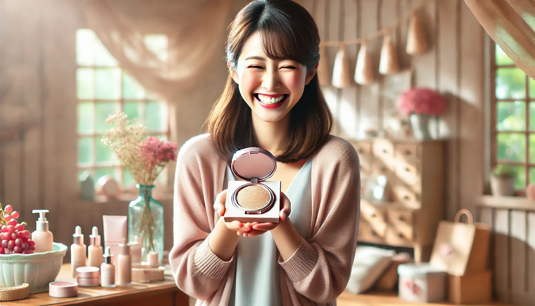 A-joyful-scene-of-a-Japanese-woman-receiving-Japans-first-medicated-cushion-foundation-that-combines-skincare-with-makeup