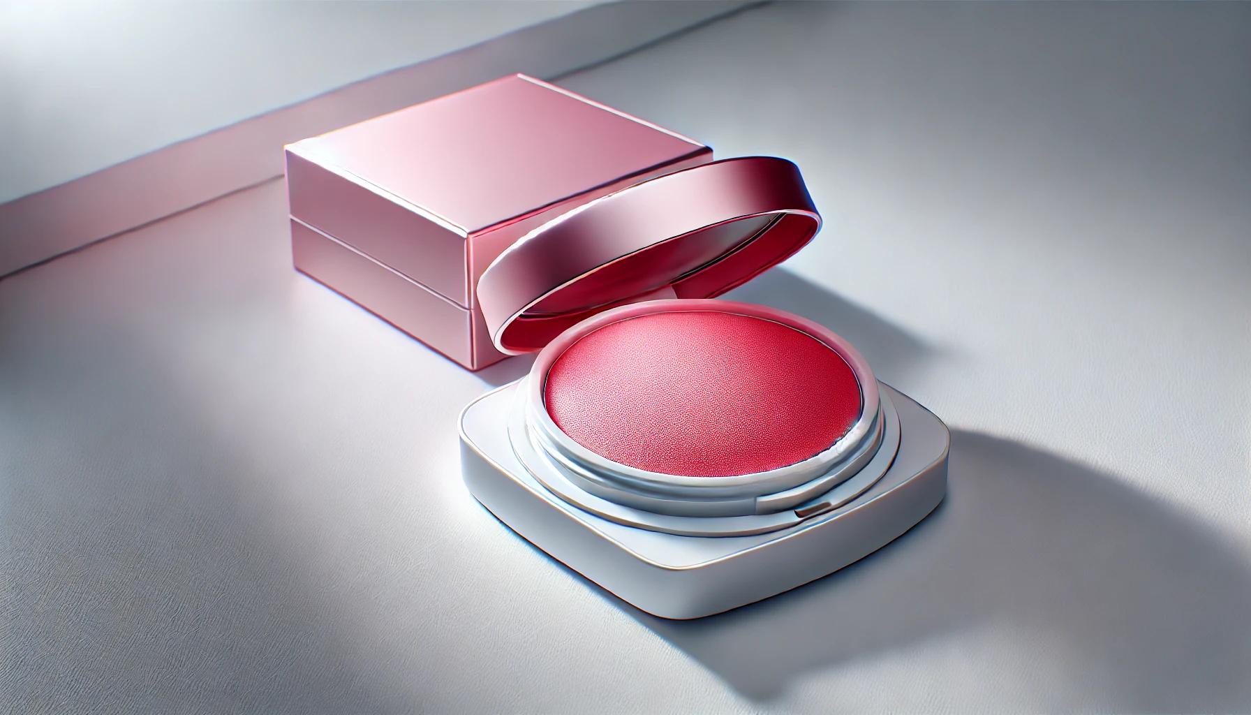 A-close-up-image-of-a-cushion-foundation-with-a-very-bright-pink-hue-displayed-on-a-sleek-white-surface-surrounded-by-soft-lighting