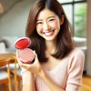 A-Japanese-woman-happily-holding-a-cushion-foundation-with-a-very-bright-pink-hue-standing-in-a-modern-well-lit-room