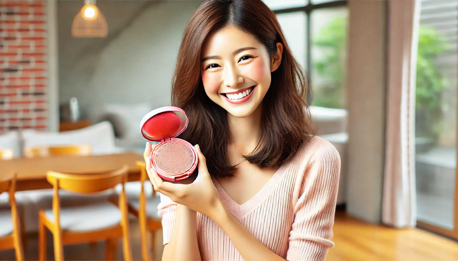 A-Japanese-woman-happily-holding-a-cushion-foundation-with-a-very-bright-pink-hue-standing-in-a-modern-well-lit-room