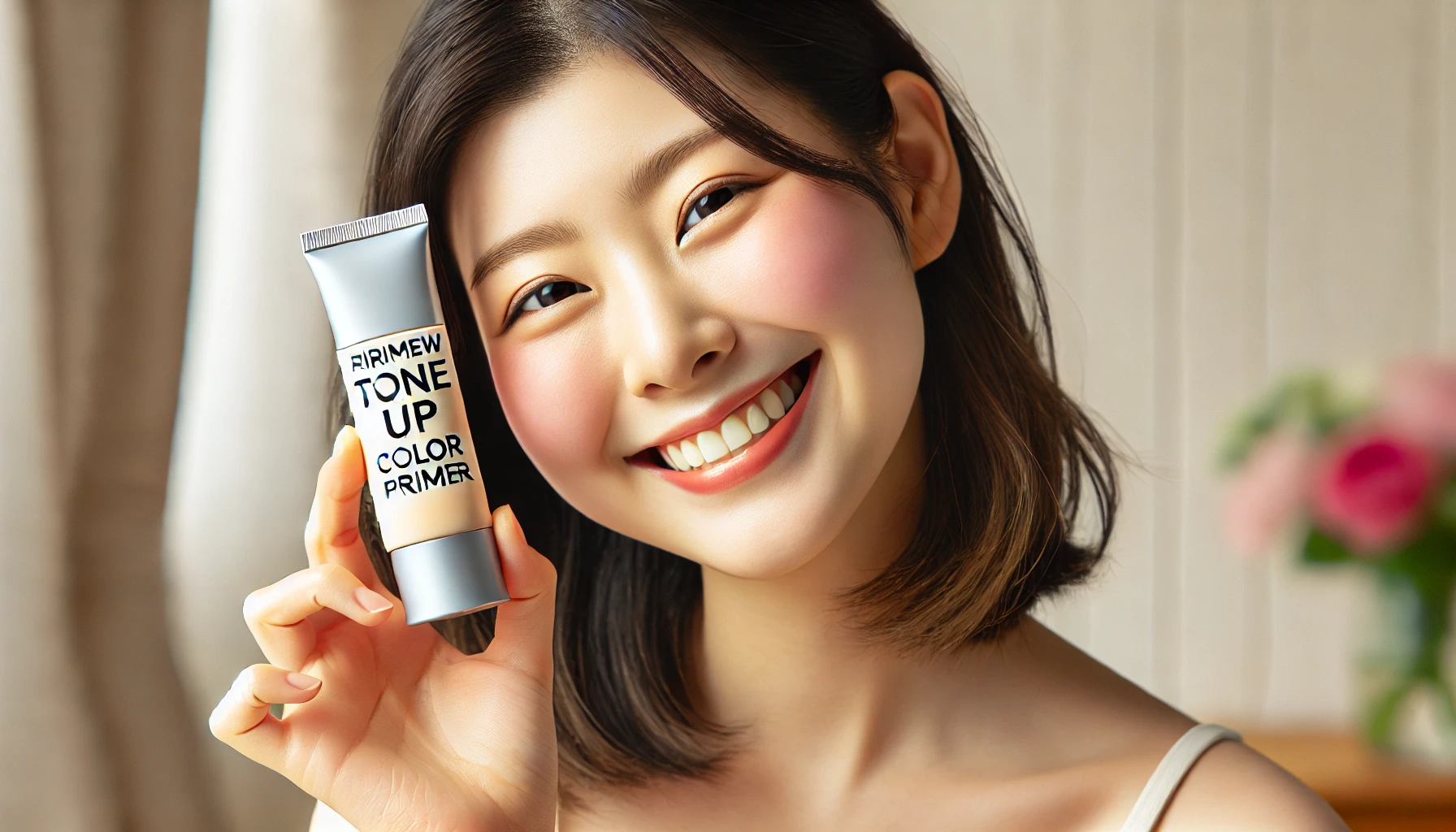 A Japanese woman happily holding a 'Ririmew Tone Up Color Primer' product, smiling and showing the product to the camera. The background is light and minimalist, focusing on the joyful expression of the woman as she proudly displays her new makeup. The atmosphere is bright and positive, highlighting the satisfaction of using the product.