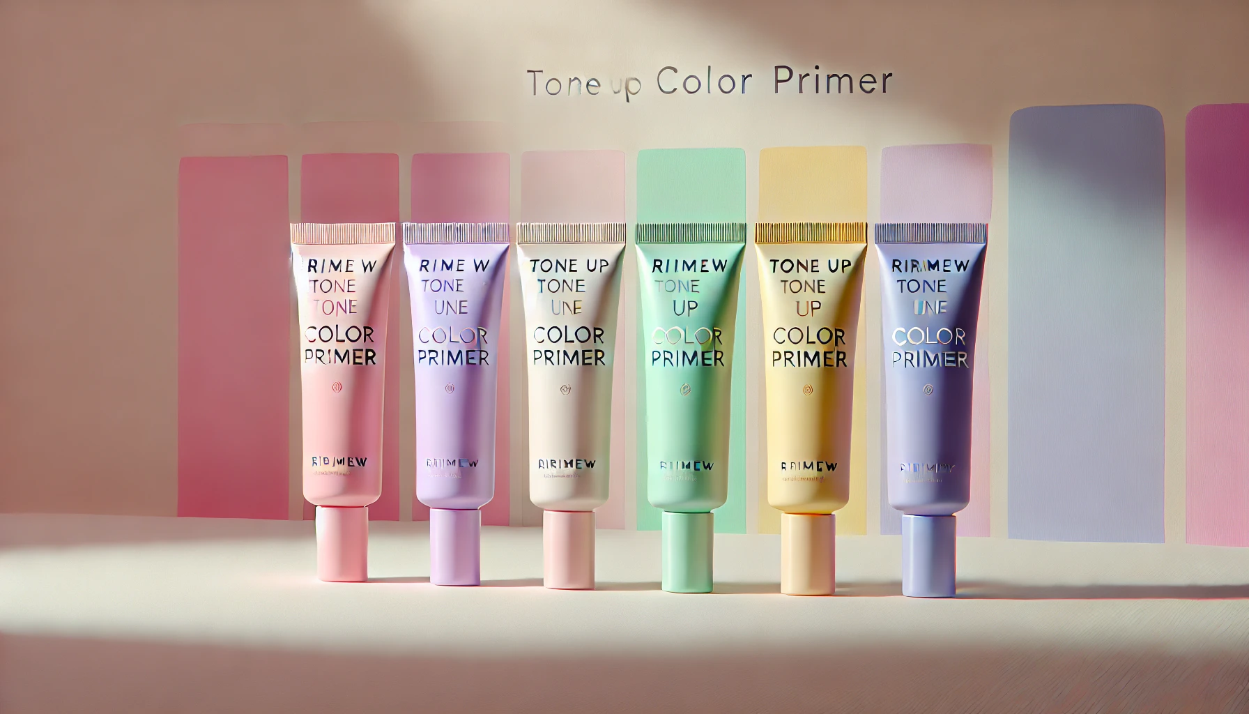 A close-up of five different 'Ririmew Tone Up Color Primer' tubes arranged horizontally. The colors range from soft pink to vibrant lavender, green, yellow, and blue, representing the different shades available in the product line. The background is simple, with a light gradient that complements the tones of the makeup primers, highlighting the product’s diverse color range.