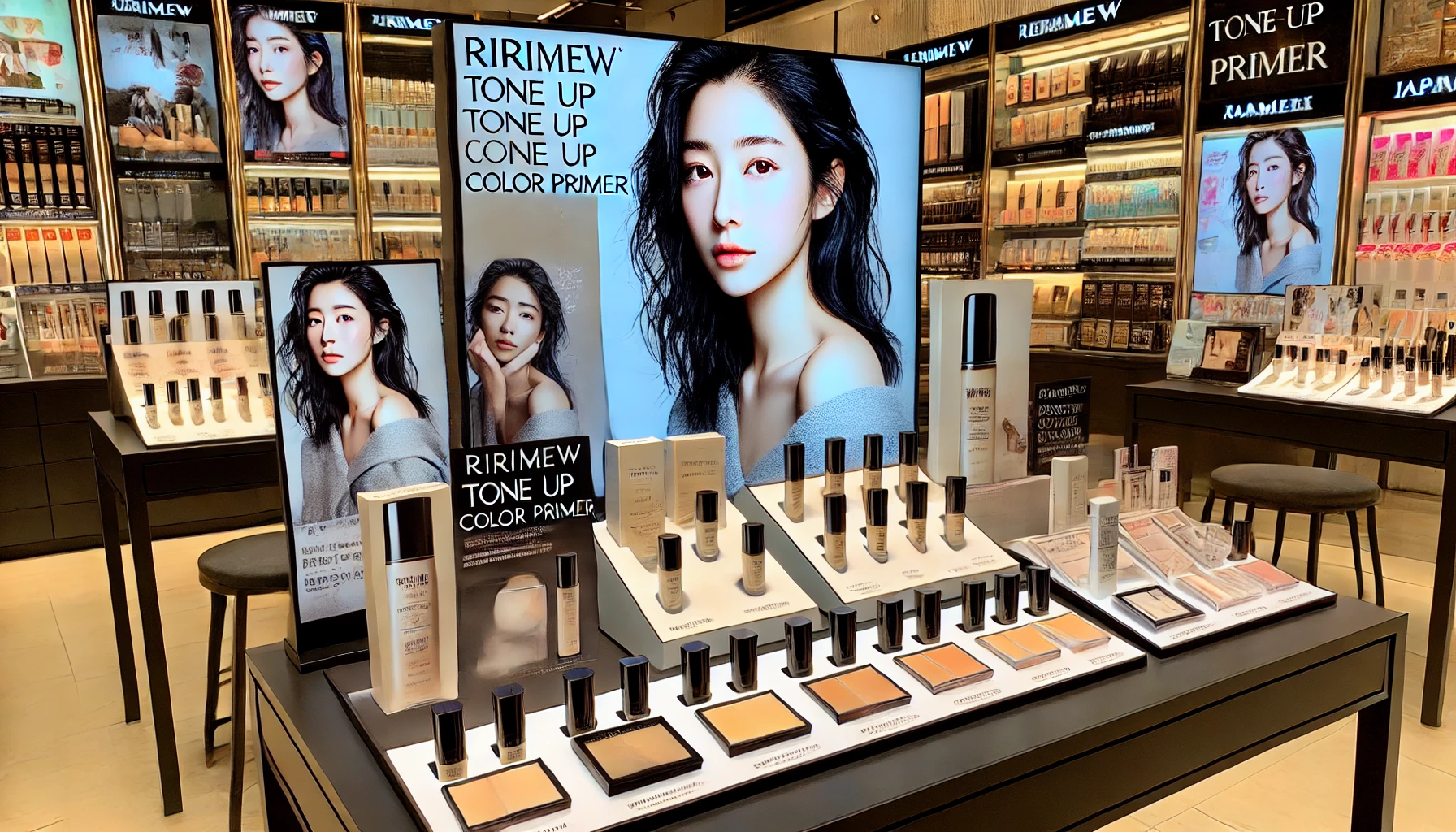 A sleek and modern makeup counter featuring the 'Ririmew Tone Up Color Primer', a popular celebrity-produced cosmetic product. The display includes promotional images of a Japanese celebrity with several makeup products arranged neatly, highlighting the appeal of the tone-up color primer. The atmosphere is vibrant and professional, suitable for a high-end beauty store.