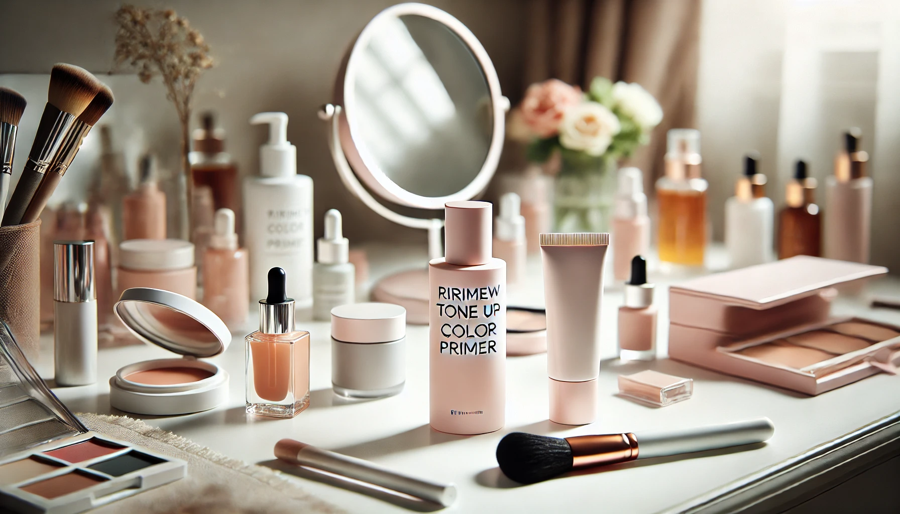 A clean and elegant beauty vanity table setup with a 'Ririmew Tone Up Color Primer' placed neatly among other beauty products. The focus is on the makeup primer, showing its sleek packaging, while other products and small accessories are scattered around, creating a stylish and organized space. The atmosphere is serene and inviting, perfect for a beauty routine.