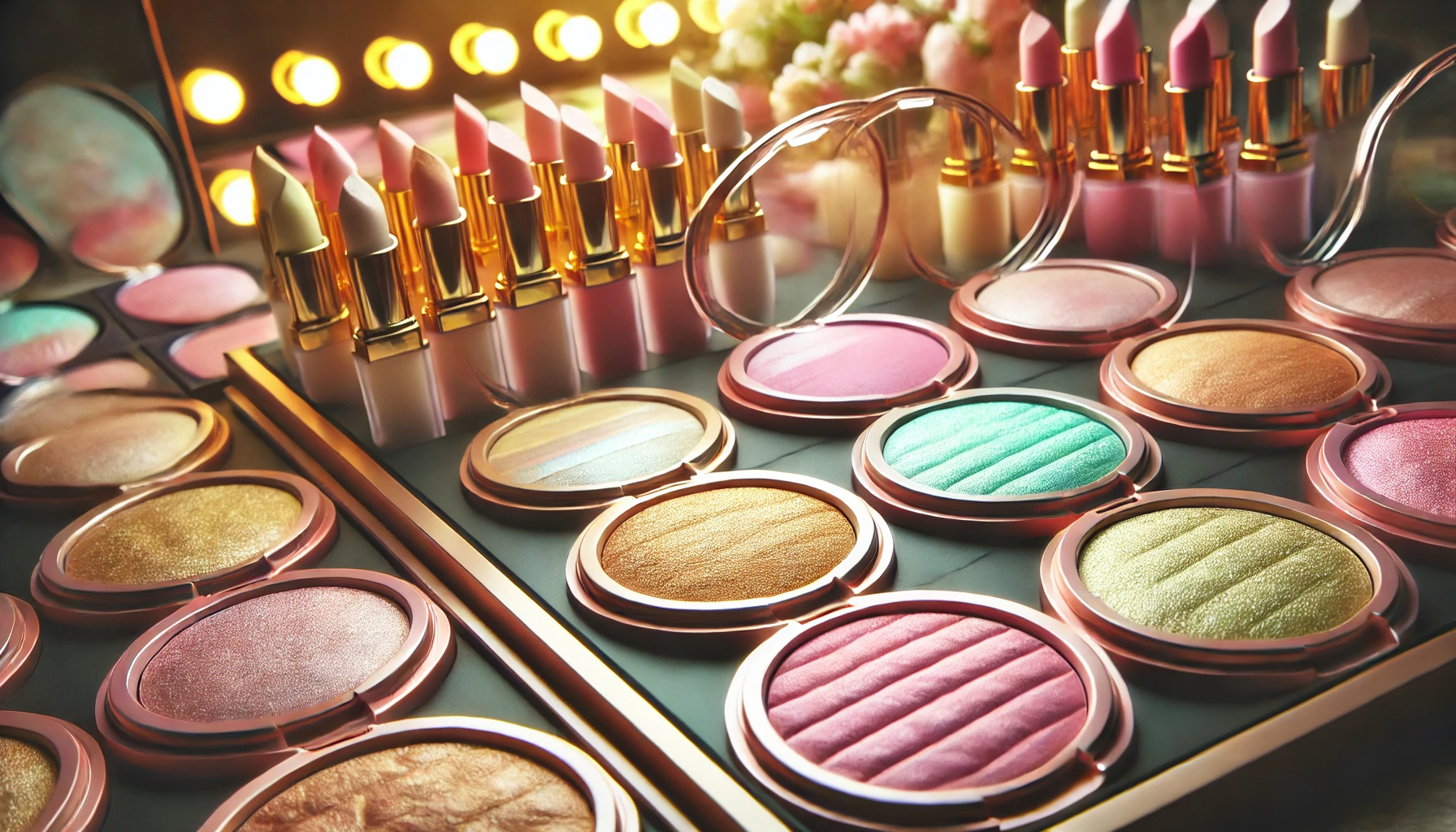 A vibrant and colorful display of glowing highlighter products, featuring a variety of shades like champagne gold, pink, and mint green. The image focuses on the range of colors available for enhancing skin radiance and dimension, placed in a well-lit beauty studio environment.