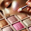 A close-up of different skin tones applying glowing highlighter shades such as champagne, pink, and mint green. The image emphasizes the process of selecting the right highlighter shade for different skin types and tones, in a beauty setting with natural lighting.