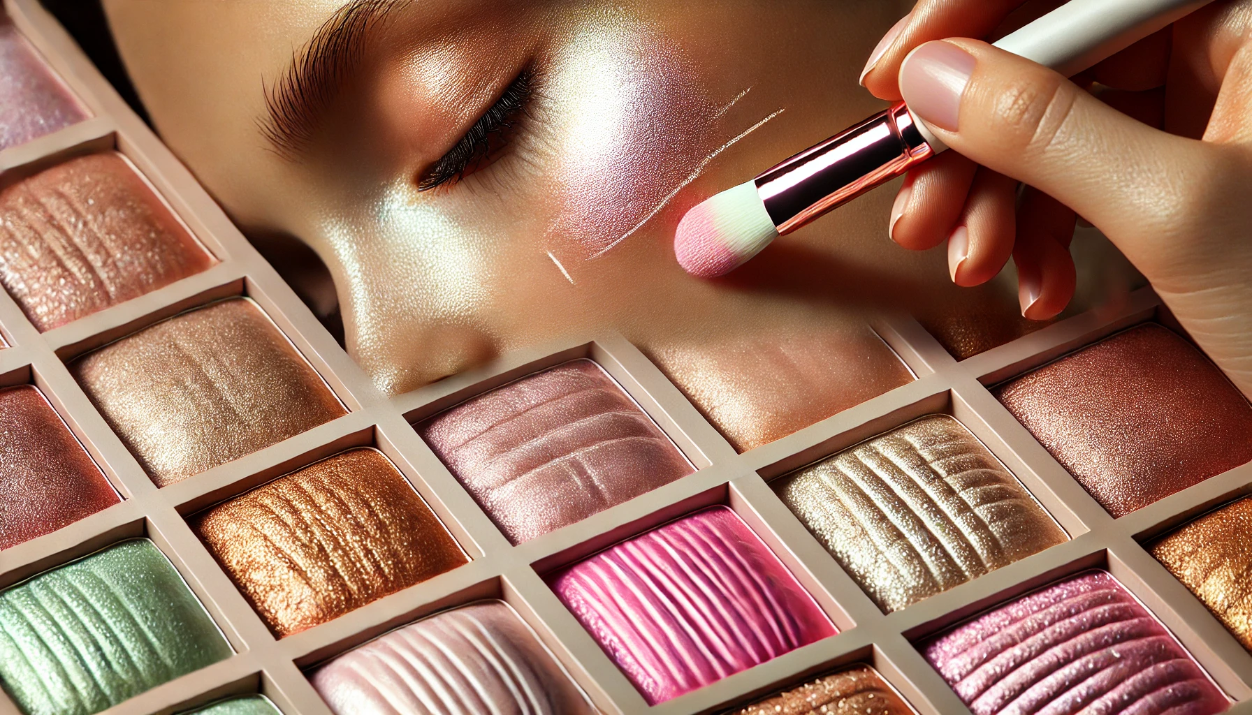 A close-up of different skin tones applying glowing highlighter shades such as champagne, pink, and mint green. The image emphasizes the process of selecting the right highlighter shade for different skin types and tones, in a beauty setting with natural lighting.