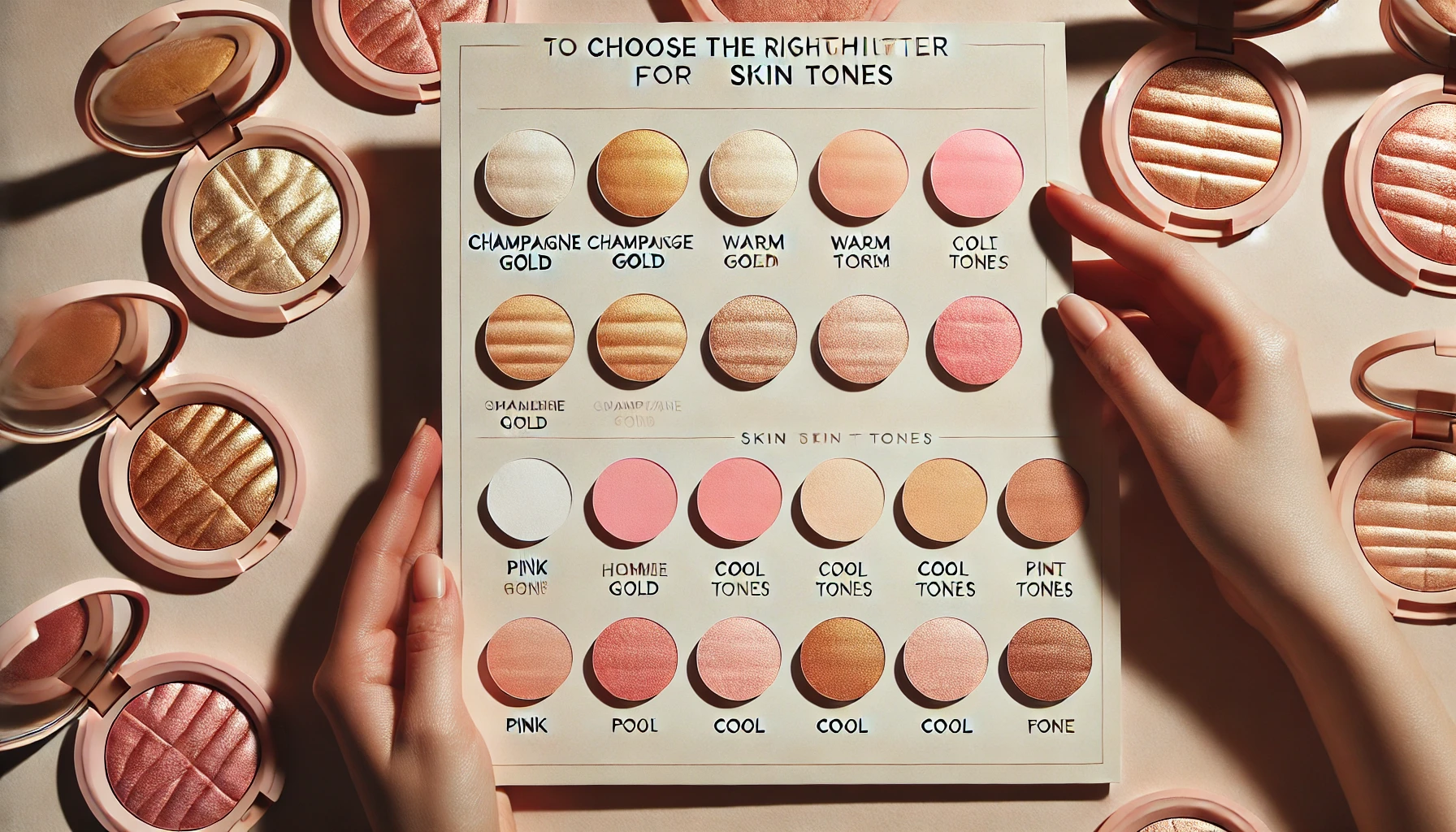 An aesthetic display featuring a range of highlighters, each designed for different skin tones. A guide illustrating how to choose the right highlighter shade for various skin tones, including champagne gold for warm tones and pink for cool tones. The image has a minimalistic background, with focus on the highlighter shades and their respective skin tone recommendations.