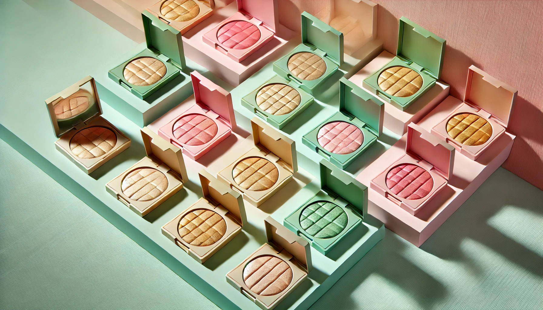 A colorful display showcasing the different shades of a highlighter known for providing natural radiance and dimension. The compact highlighters are arranged in a neat grid, each displaying a different color like champagne gold, pink, and mint green. The background is minimalistic with soft pastel hues, letting the vibrant highlighter shades stand out.