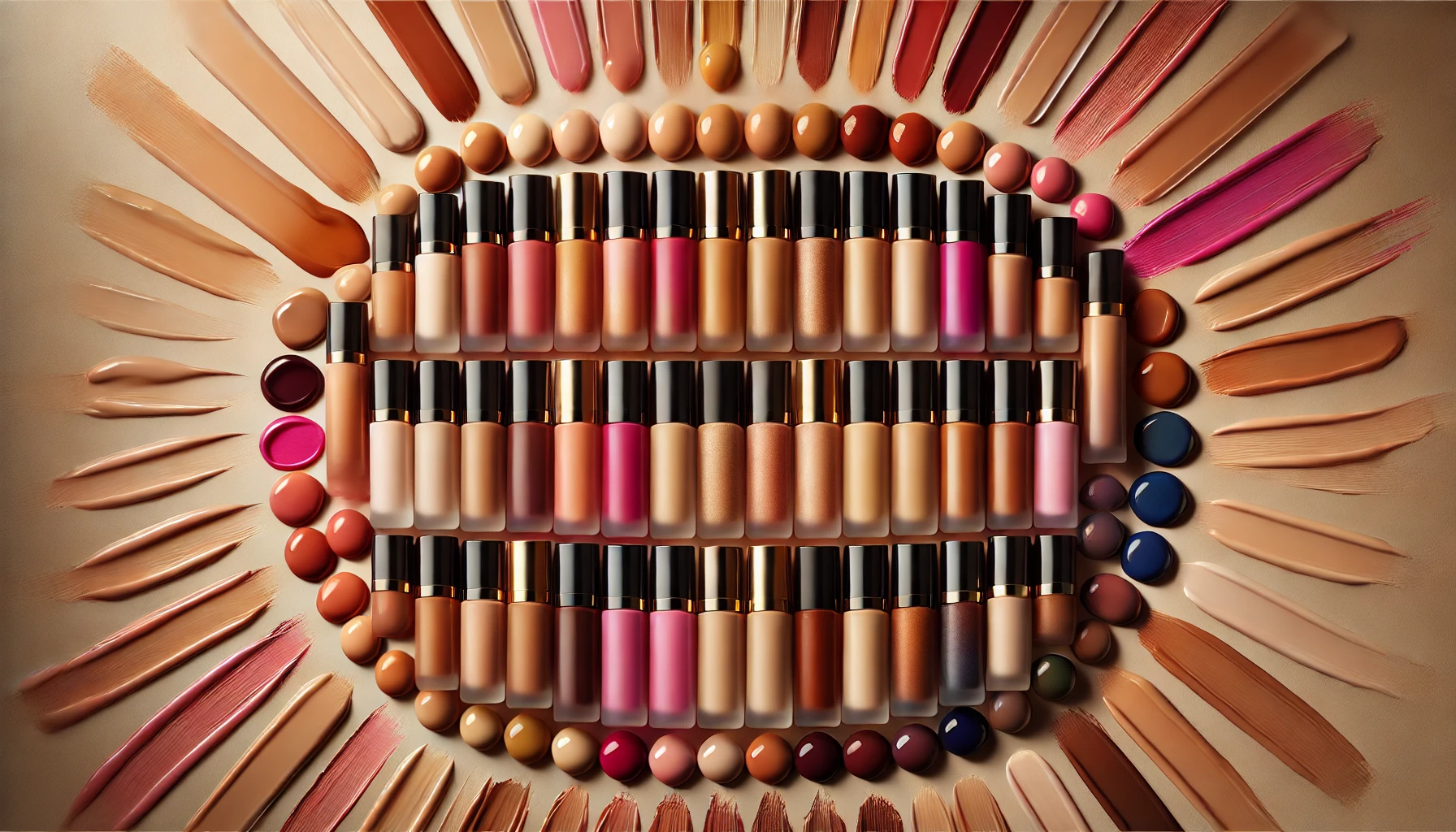 A vibrant and diverse array of luxury foundation shades displayed in an elegant pattern, showcasing a wide range of color variations for different skin tones. The background is minimalistic, with soft lighting emphasizing the inclusivity and richness of the shades. Designed for a 16:9 aspect ratio image.