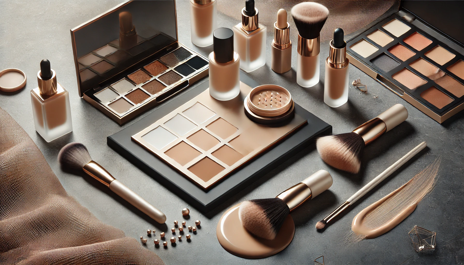 An elegant scene showcasing the process of luxury foundation color selection, featuring samples on a makeup palette with soft brushes. The setup is accompanied by a modern and minimal background, highlighting the importance of choosing the right shade for individual skin tones. Suitable for a 16:9 aspect ratio image.