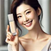 A joyful Japanese woman with flawless skin holding a luxury foundation bottle, standing in a modern setting with soft lighting. Her expression conveys satisfaction and happiness, reflecting confidence in her perfect foundation choice. The image is styled for a 16:9 aspect ratio.