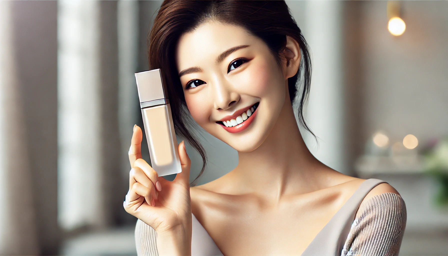 A joyful Japanese woman with flawless skin holding a luxury foundation bottle, standing in a modern setting with soft lighting. Her expression conveys satisfaction and happiness, reflecting confidence in her perfect foundation choice. The image is styled for a 16:9 aspect ratio.