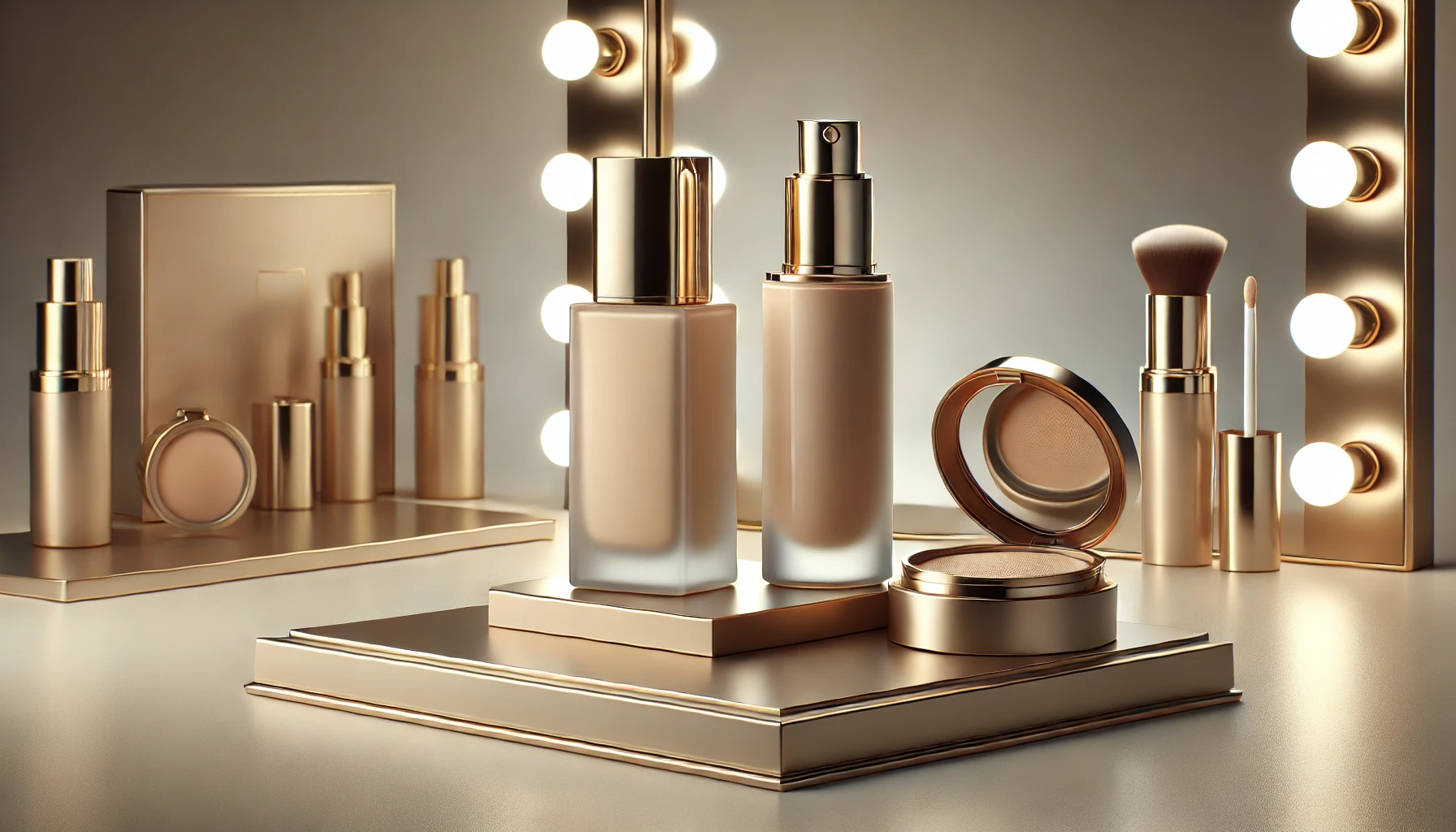 A sleek and elegant display of three types of luxury foundations: liquid, cream, and powder, showcased on a premium vanity table with soft lighting. The background is minimalistic and modern, emphasizing the high-end beauty products. The packaging is luxurious and sophisticated, suitable for a 16:9 aspect ratio image.