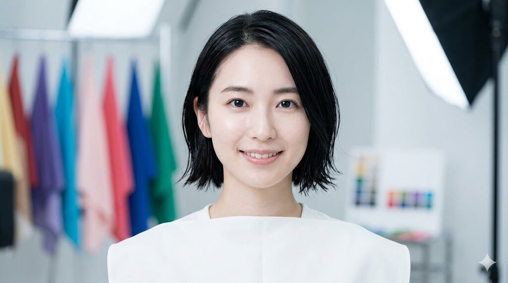 澄んだ肌とツヤのある黒髪が特徴の、クリアウィンタータイプの日本人女性のポートレート。パーソナルカラー診断 studioの雰囲気。